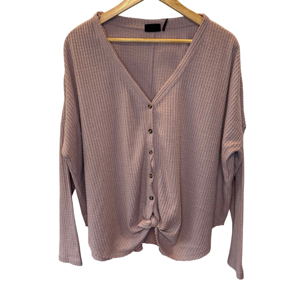 Out From Under Purple Long Sleeve M Womens Waffle Knit Tie Detail Button Front